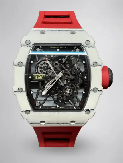 Richard Mille RM 35-01 Replica Rafael Nadal White Carbon Case Red Strap Watch | Swiss Movement, Skeleton Dial