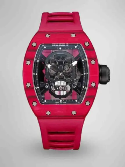 Best Richard Mille RM52-01 Replica - Red Rubber Strap, Skeleton Dial, Swiss Tourbillon, Carbon Fiber Case