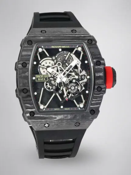 Richard Mille RM 35-01 Rafael Nadal Replica Swiss Watch – Skeleton Dial, NTPT Carbon Case, Black Rubber Strap