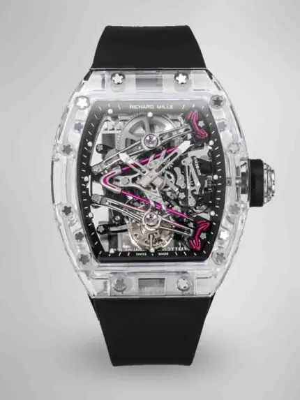 Replica Richard Mille RM 38-02 Pink Themed Crystal Skeleton Tourbillon Black Rubber Strap Watch