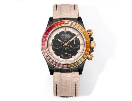 Rolex Daytona Custom Carbon Fiber Night Glow Case Watch – Black with Rainbow Bezel, Beige Strap