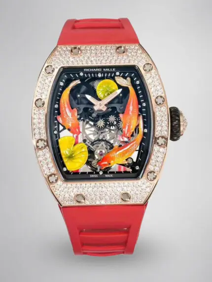 Replica Richard Mille RM S10 Koi Tourbillon Watch Rose Gold with Diamond - Red Leather Strap