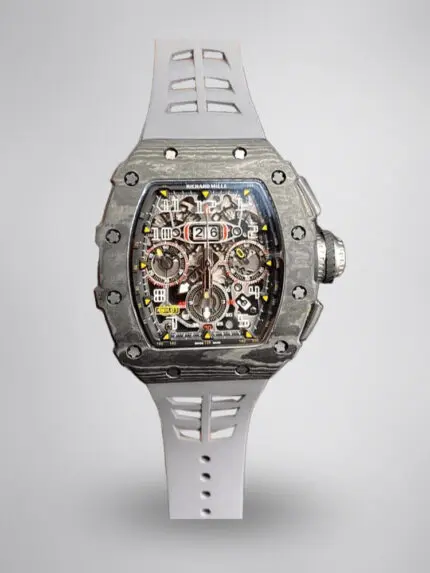 Swiss Richard Mille RM 11 Replica – 49mm Carbon Case, Skeleton Dial, Grey Rubber Strap