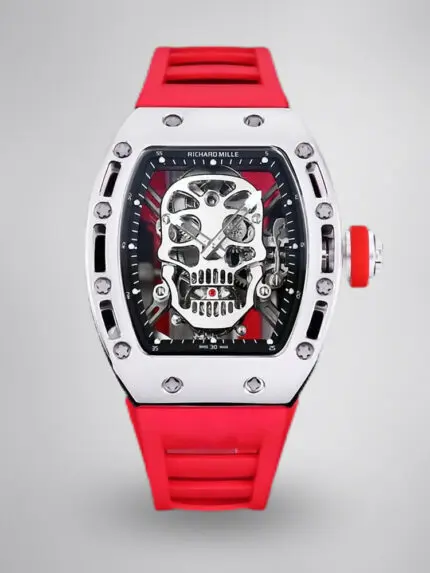 Best Swiss Replica RICHARD MILLE RM 52 Tourbillon Super Clone Watch – Skull Skeleton Dial, Red Strap